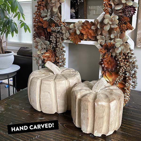 Hand Carved Paulownia Wood Pumpkins, Set of 2