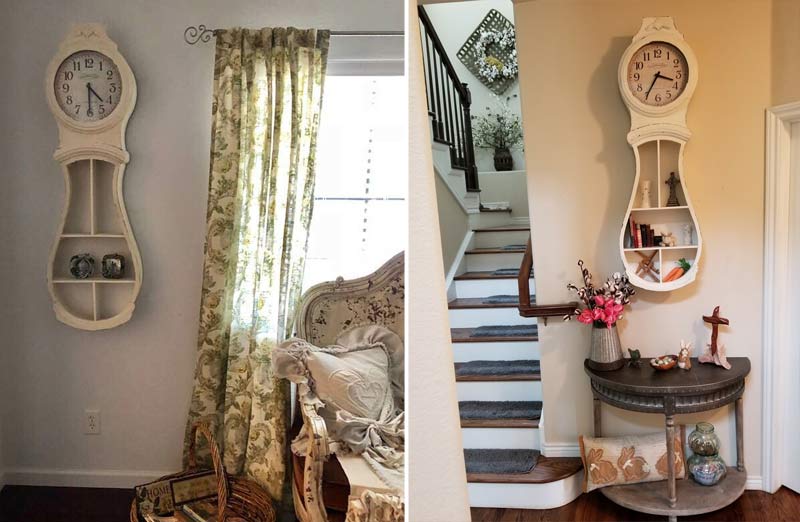 *HUGE* Distressed Wooden Wall Clock With Shelving