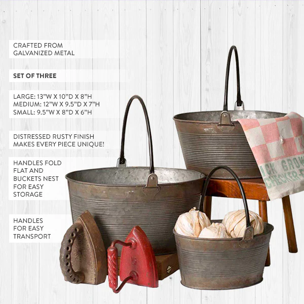 Distressed Round Buckets With Handles, Set of 3