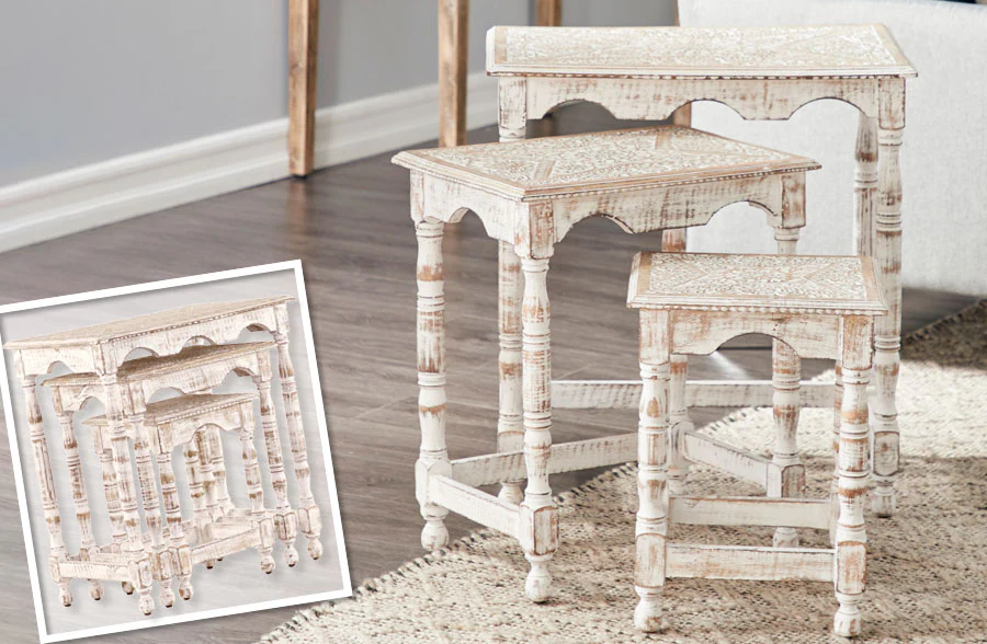 Whitewashed Scalloped Nesting Tables, Set of 3