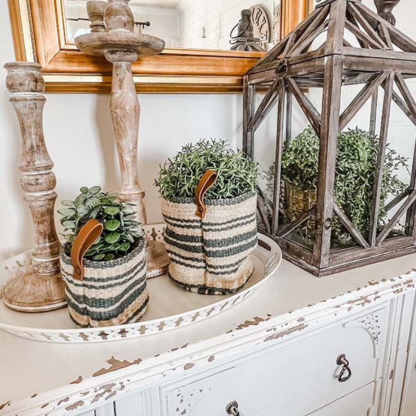 Hanging Jute Baskets with Leather Loops, Set of 2