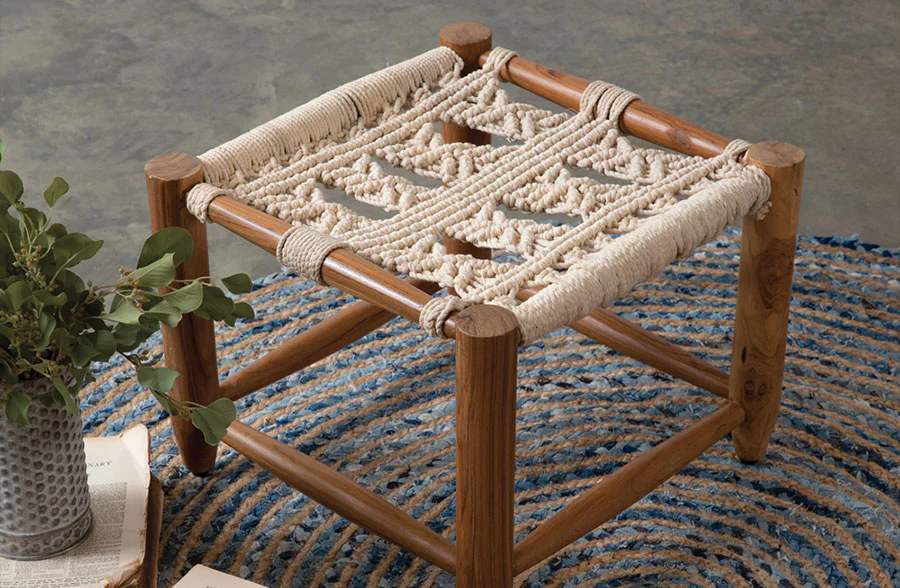 Macrame and Wooden Footstool
