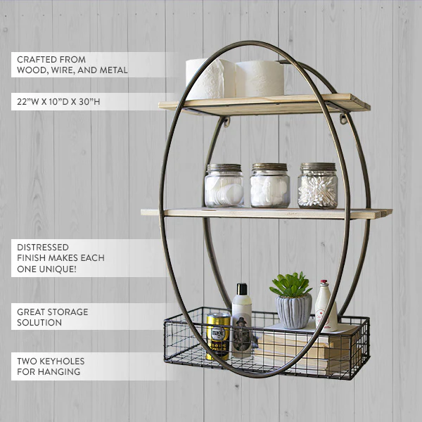 Metal and Reclaimed Wood Oval Wall Shelf