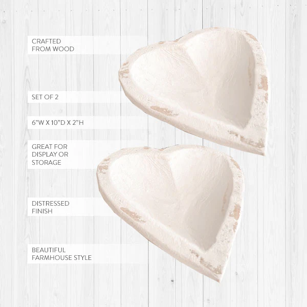 Whitewashed Heart Shaped Dough Bowls, Set of 2