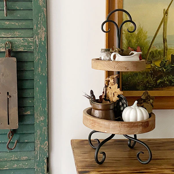 Natural Wood Two-Tier Forged Metal Scroll Stand