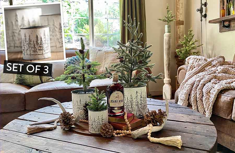 Embossed Metal Snowy Tree Planters, Set of 3