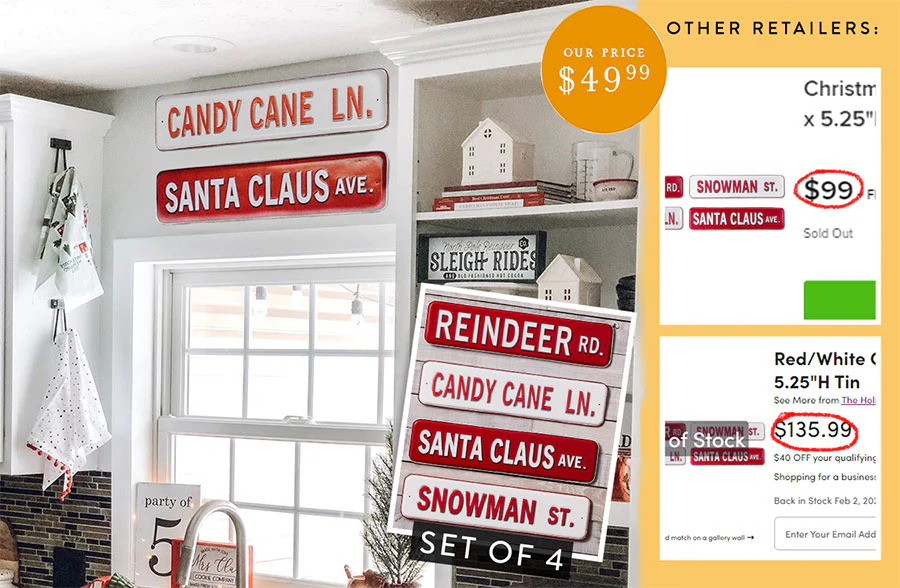 Vintage Christmas Village Street Signs, Set of 4