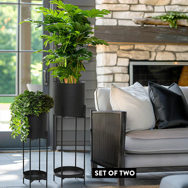Tall Matte Black Metal Planters on Stands, Set of 2