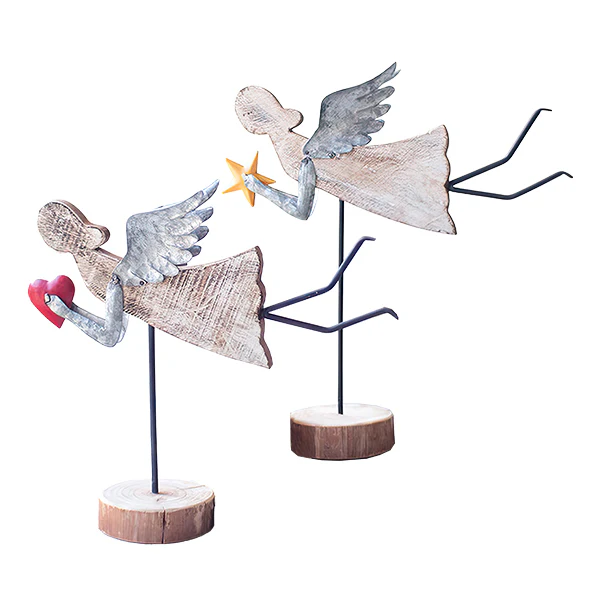Wood and Metal Flying Angels, Set of 2