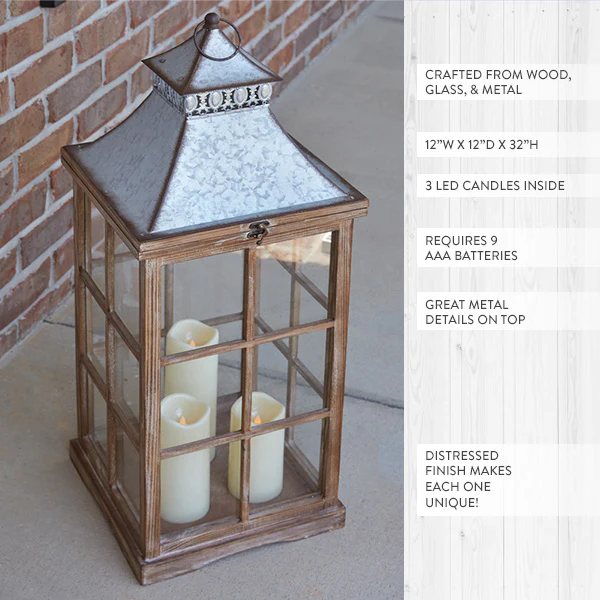Wooden Lantern with Three LED Candles