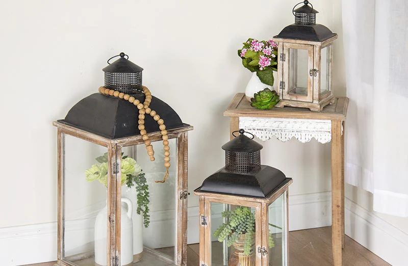 Wooden Framed Lanterns  Set of 3