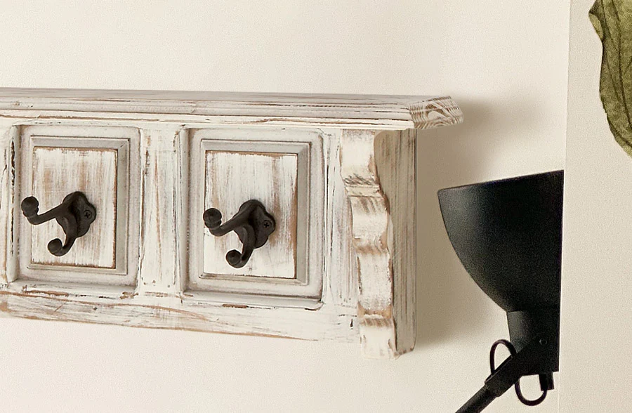 Distressed Whitewashed Wooden Shelf With Hooks