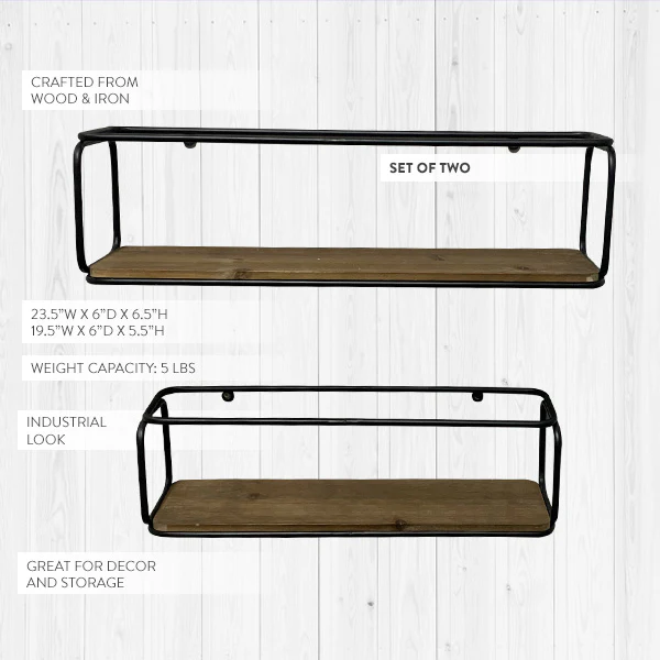 Industrial Metal Framed Wall Shelves, Set of 2