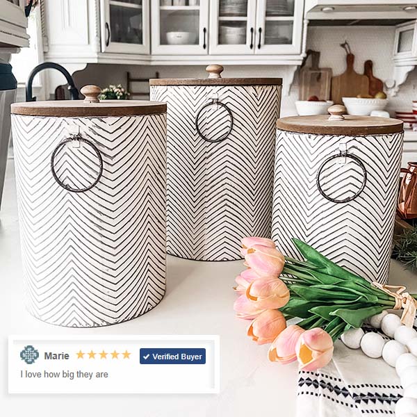 HUGE Textured Iron Canisters with Wooden Lids, Set of 3