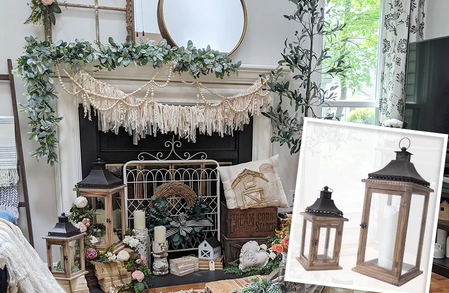 Natural Wood and Iron Floor Lanterns, Set of 2