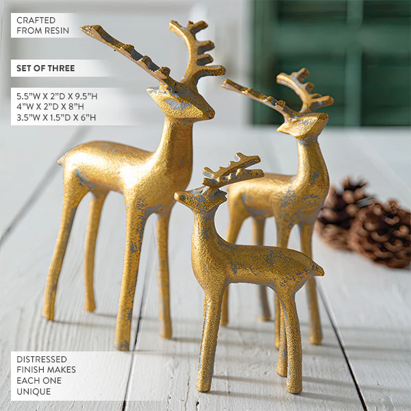 Weathered Golden Merry Reindeer Figurines, Set of Three