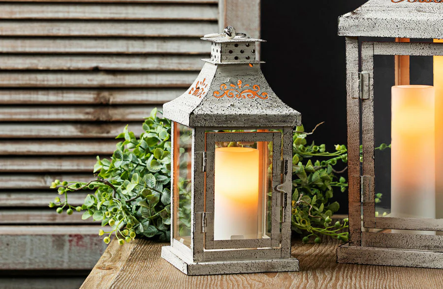 Whitewashed Iron Lanterns, Set of 2