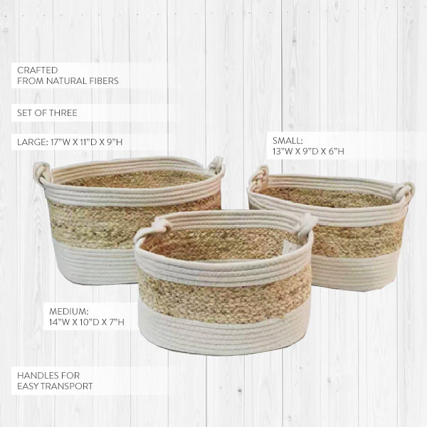 Two-Toned Striped Oval Baskets, Set of 3