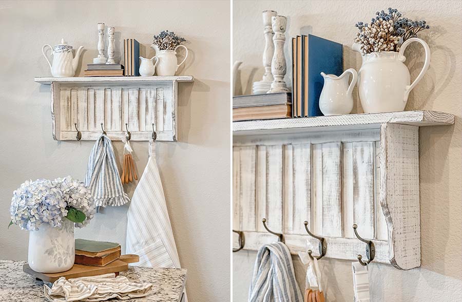 Distressed Mudroom Wall Shelf with Hooks