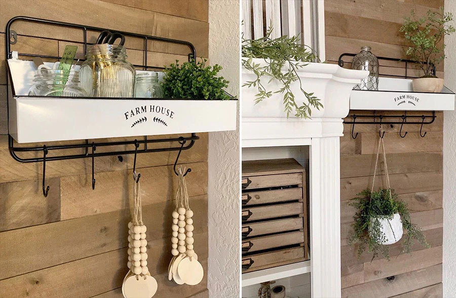 Enamel Wall Shelf with Hooks