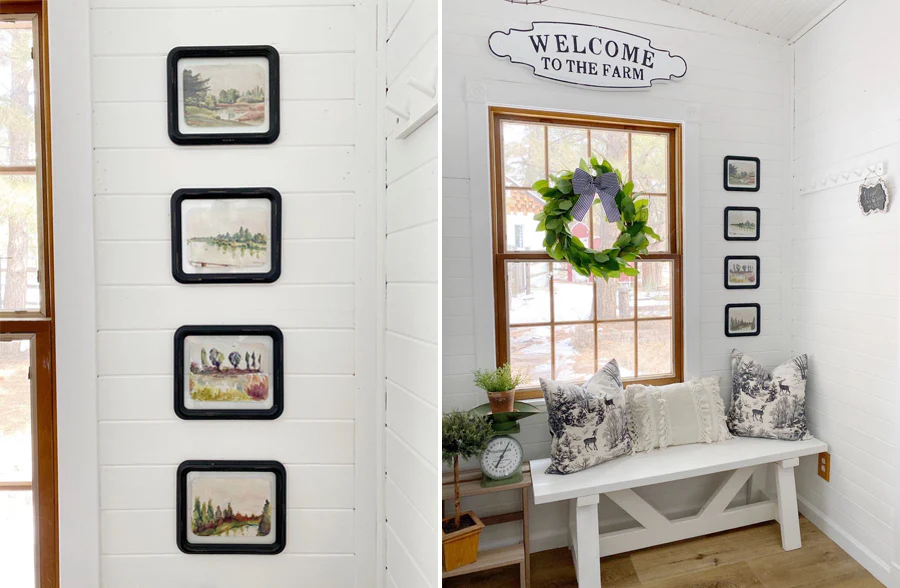 Wood Framed Wall Decor with Floating Antiqued Landscape, Set Of 4