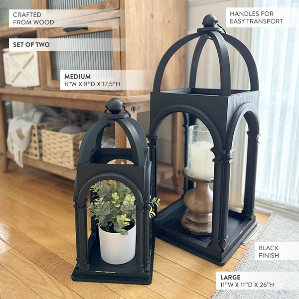 Large Black Modern Farmhouse Wood Lanterns, Set of 2