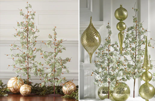30 Green Glittered Christmas Tree with Gold Beads and Base