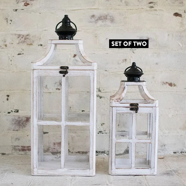 Distressed Whitewashed Window Frame Lanterns, Set of 2
