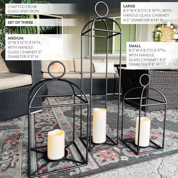 Forged-Iron Outdoor Lanterns, Set of 3