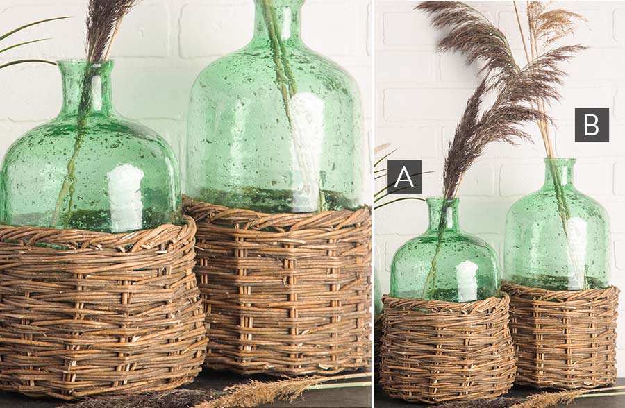 Green Tinted Glass Bottle with Removable Rattan Basket, Pick Your Size