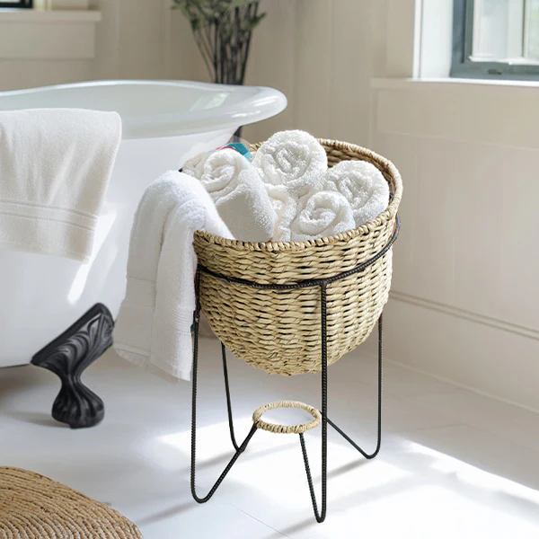 Woven Seagrass Display Basket with Angled Metal Stand