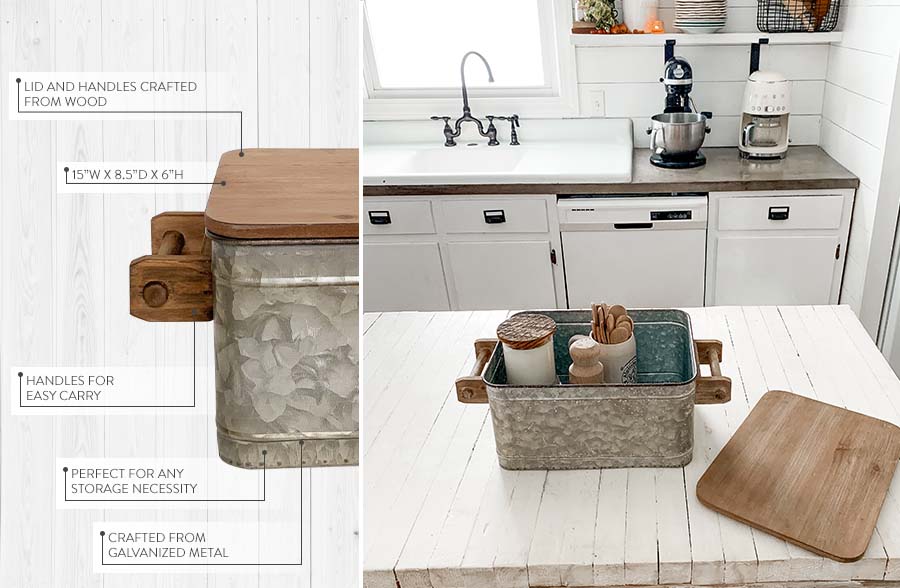 Galvanized Metal Storage Caddy with Wooden Lid