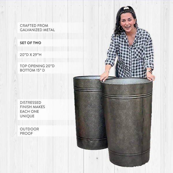 29 Inch Galvanized Metal Large Outdoor Planters, Set of 2
