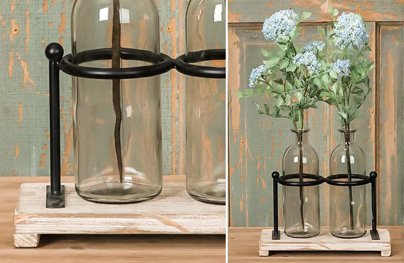 Vase Holder with 2 Glass Bottles