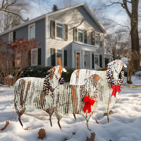 Corrugated Metal Sheep Christmas Yard Stakes, Set of 3