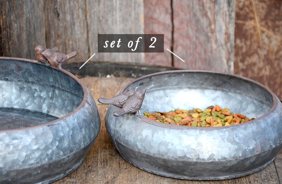 Galvanized Metal Nesting Bowls with Bird Accents, Set of 2