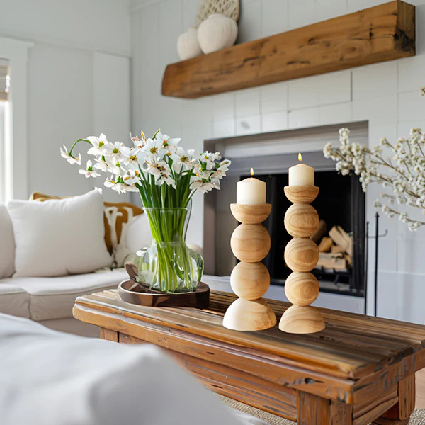 Hand Carved Wooden Ball Candle Holders, Set of 2