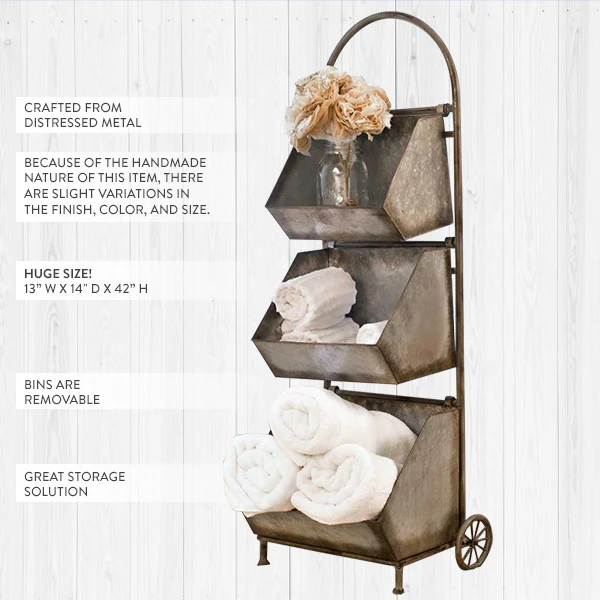 HUGE Galvanized Metal Three Bin Cart