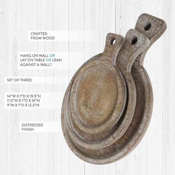 Round Whitewashed Wooden Trays with Handles, Set of 3