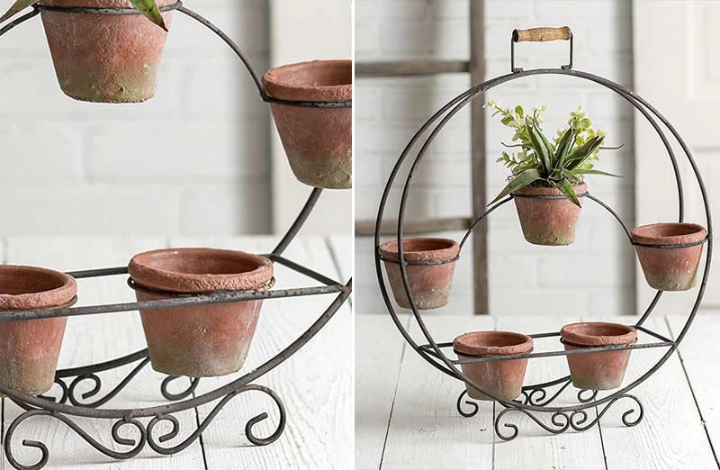 Round Plant Stand with Terracotta Pots