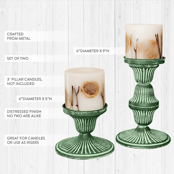 Distressed Antique Green Metal Candle Holders, Set of 2