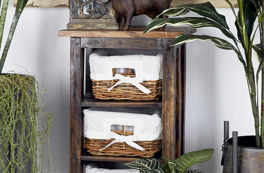 Mahogany Wood Side Table with Basket Cubbies