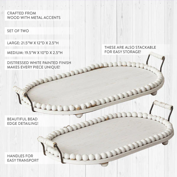 Whitewashed Beaded Edge Oval Trays, Set of 2