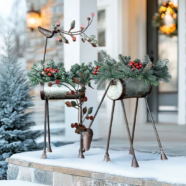 Indoor/Outdoor Painted Metal Reindeer Planters, Set of Two