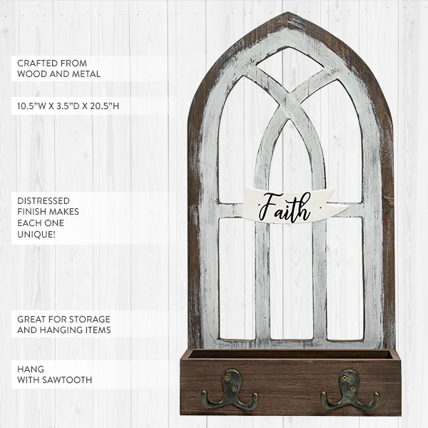 Cathedral Window Storage Shelf with Hooks