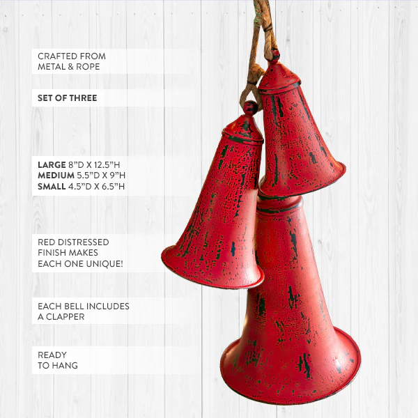 Distressed Red Metal Christmas Bells, Set of 3
