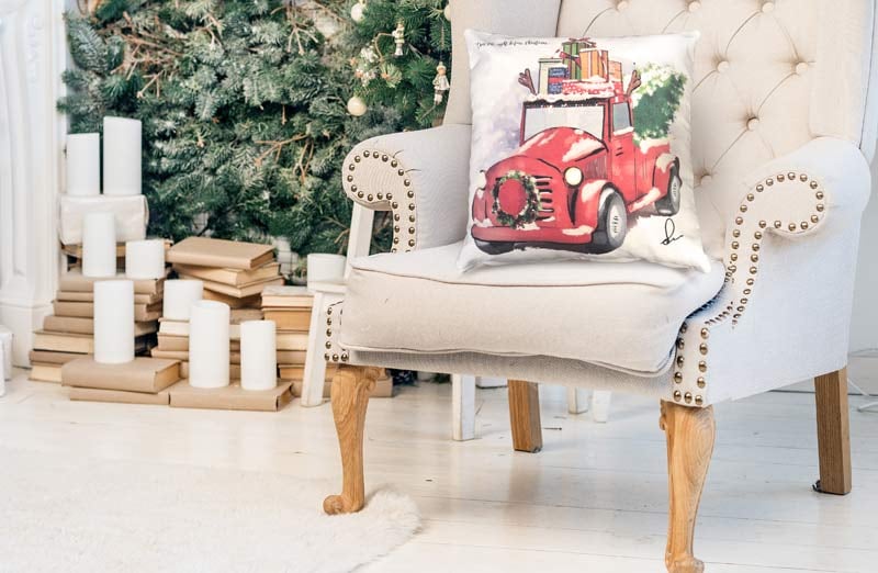 Double Sided Feedsack Red Truck Pillow Cover