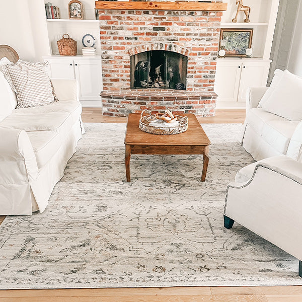 Damask Off White & Blue Area Rug