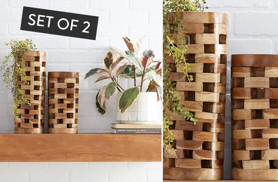 Teak Blocked Vases, Set of Two