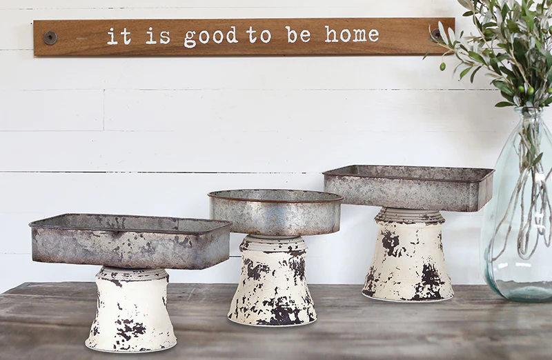 Distressed Metal Pedestal Trays  Set of 3
